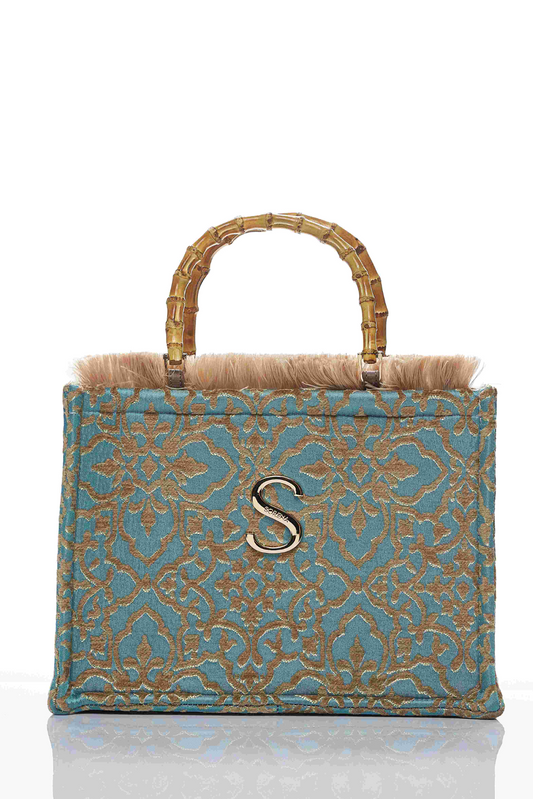 sac cabas Sorena en velours et bambou bleu vendu chez Crazy boutique